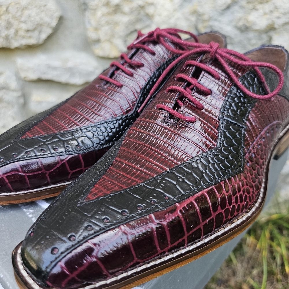 Mens Size 7M Prom Wedding Burgundy and Black Oxford Dress Shoes Snakeskin - Picture 2 of 16